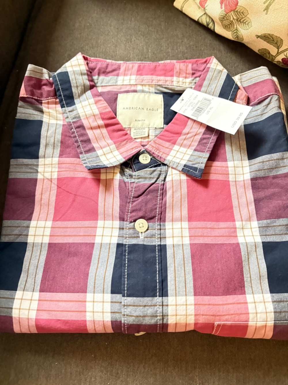 American Eagle Outfitters Men’s Red and Blue Plaid Button-Down Shirt